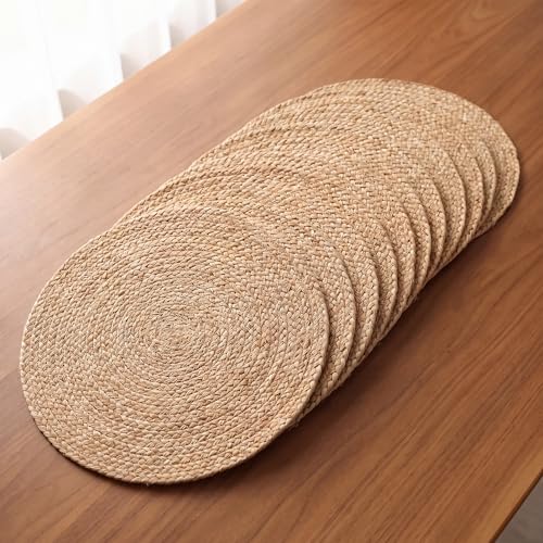 Image of Eco Crave Natural Jute Placemats Set of 4, Round Woven Table Mats, 13 Inch Rattan Charger Plates for Dinner, Boho Farmhouse Braided Place Mats