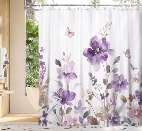 YDIDIAN Purple Floral Shower Curtain Purple Lavender Floral Butterfly Boho Shower Curtains for Bathroom Farmhous Flower Cute Fabric Shower Curtain Set with 12PCS Hooks 70X70IN