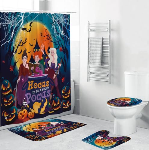 Apear1 4Pcs Halloween Shower Curtain Set Hocus Pocus Witch Shower Curtain for Halloween Bathroom Decor with Anti-Slip Waterproof Bathtub Bathroom Rugs Toilet Lid Cover, 12 Hooks (Witch)