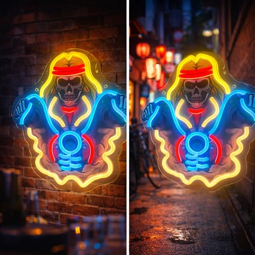 Image of Biker Skull Neon Sign For Wall Decor, Colorful UV Printed Neon Light with Retro Design, LED Artwork for Bar, Bedroom, Game Room, Party Decoration Holiday Birthday Gifts