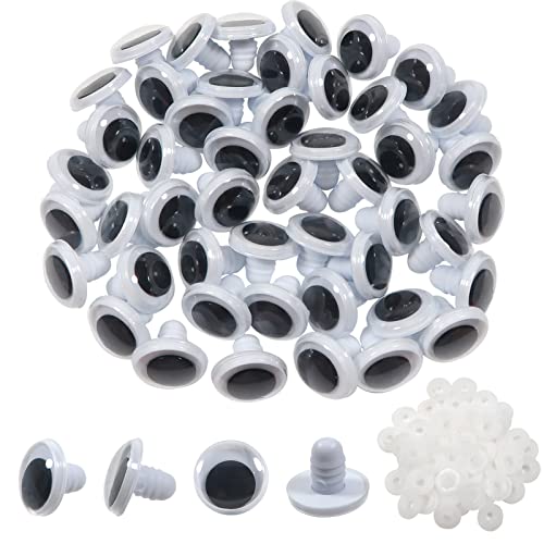 TOAOB 50pcs Wiggle Googly Eyes 15mm Black White Plastic Safety Eyes Craft Eyes with Washers for Soft Doll Making Plush Animals Crochet
