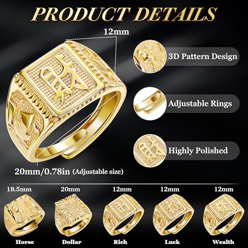 5Pcs 18K Gold Filled Hip Hop Gold Rings Set for Men Women Signet Kanji Rings Rich Luck Wealth Success Dollar Ring Set Adjustable Size3