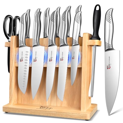 Japanese Knives Set for Kitchen, Magnetic Knife Set with Block and Sharpener, Stainless Steel Knife Set as Gift for Couple, Wedding, Women or Mom with Gift Box, 14 PCS Black Dot