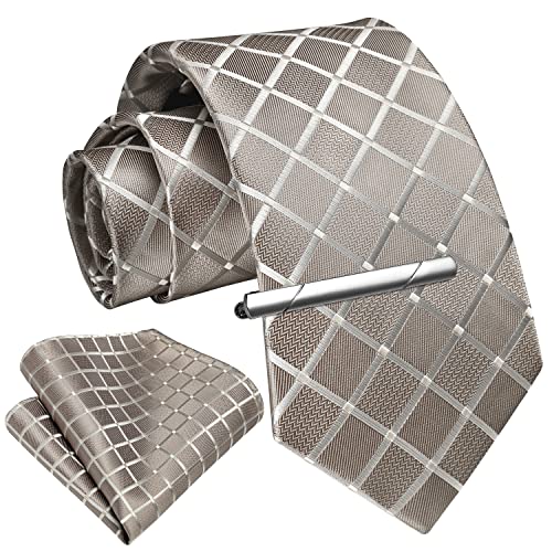 Image of Enlision Ties for Men Plaid Stripe Tie Handkerchief Woven Classic Formal Necktie Pocket Square Clip Set