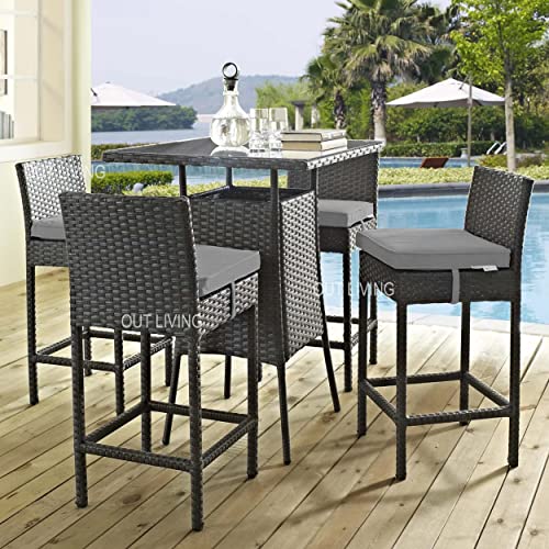 OUTLIVING Rattan Wicker Outdoor Bar Patio Table with 4 Chairs Set for Home Graden Balcony 4 Seater Bar Patio Furniture_(Black & Grey Cushion)