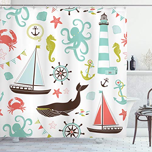 Ambesonne Nautical Shower Curtain, Pastel Colored Composition of Lighthouse Sailboat Fish Shells Octopus