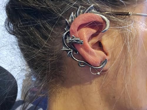 1PCS Gothic Dragon Ear Cuff Stainless Steel Retro Dragon Earrings Punk Snake Dragon Fish Crocodile Cuff Wrap Earrings Cartilage Climber Ear Earrings Stud for Women Men, Gold/Silver/Black3