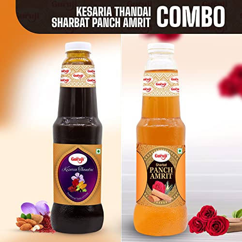 Image of Shree Guruji Kesaria Thandai & Panchamrit Sharbat Combo Pack Milk Beverage Instant Refreshing Drink for Summer Dry Fruit Syrup (1 Litre)