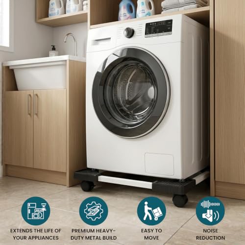 Image of GLOXY Adjustable Fridge Stand with Wheels - Washing Machine Stand with Rotating Wheels & Lock - Heavy Duty Steel Frame Trolley with 7-12 Kg Top /Front Load & Anti-Vibration for Cooler, Dishwasher