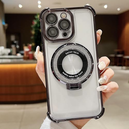 RSAJSJAYSY Four Corners Anti-Drop Magnetic Suction Bracket Glitter 13PRO is Suitable for iPhone16 Mobile Phone case 15 Transparent Acrylic Anti-Yellow, Anti-Drop Bumper (14,Black) by RSAJSJAYSY - Used condition - US$16.62