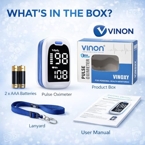 Image of VINOXY E V M Pulse Oximeter with LED Display, Oxygen Saturation Monitor, Heart Rate and SpO2 Levels Meter, Free Batteries Included