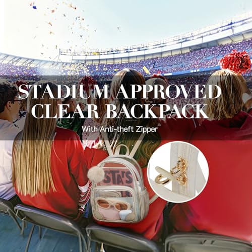 Image of Missnine Small Clear Backpack for Stadium Events Anti-theft Mini Clear Bag for Sport Event Concert with Cute Pom-pom Ball