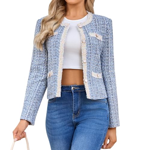 Xaspee Women's Tweed Blazers Cropped Long Sleeve Crewneck Open Front Lace Trim Lightweight Plaid Work Blazer Jackets2