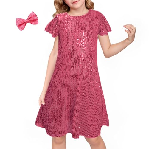 LQSZ Girls Sparkly Sequin Party Dress with Hairbow Flutter Sleeves Elegant Prom Wedding Concert for 3-12 Years