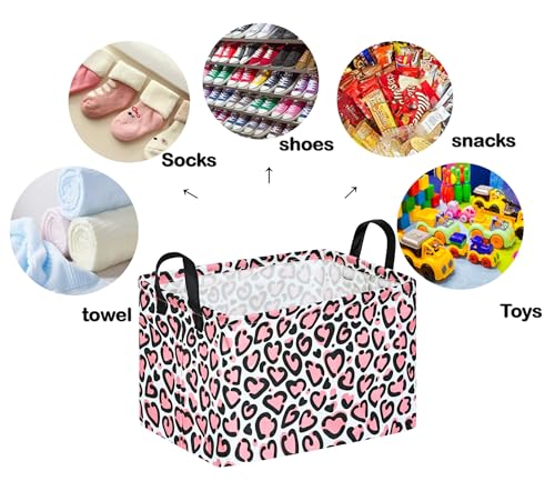 Image of Rectangle Gift Storage Basket Home Shelf Storage Basket Organizer Box Clothes Laundry Hamper Nursery Basket Laundry Basket with Handles (Leopard Heart)