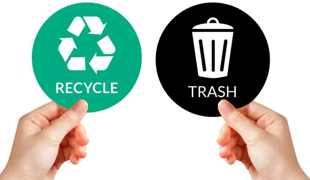 Khazna Recycle Sticker for Trash Can, (Pack of 6) 5" Round Logo Sign Decal Labels Self-Adhesive Vinyl Laminated Waterproof Environmental Trash Stickers for School Home Indoor Outdoor (Green/Black)