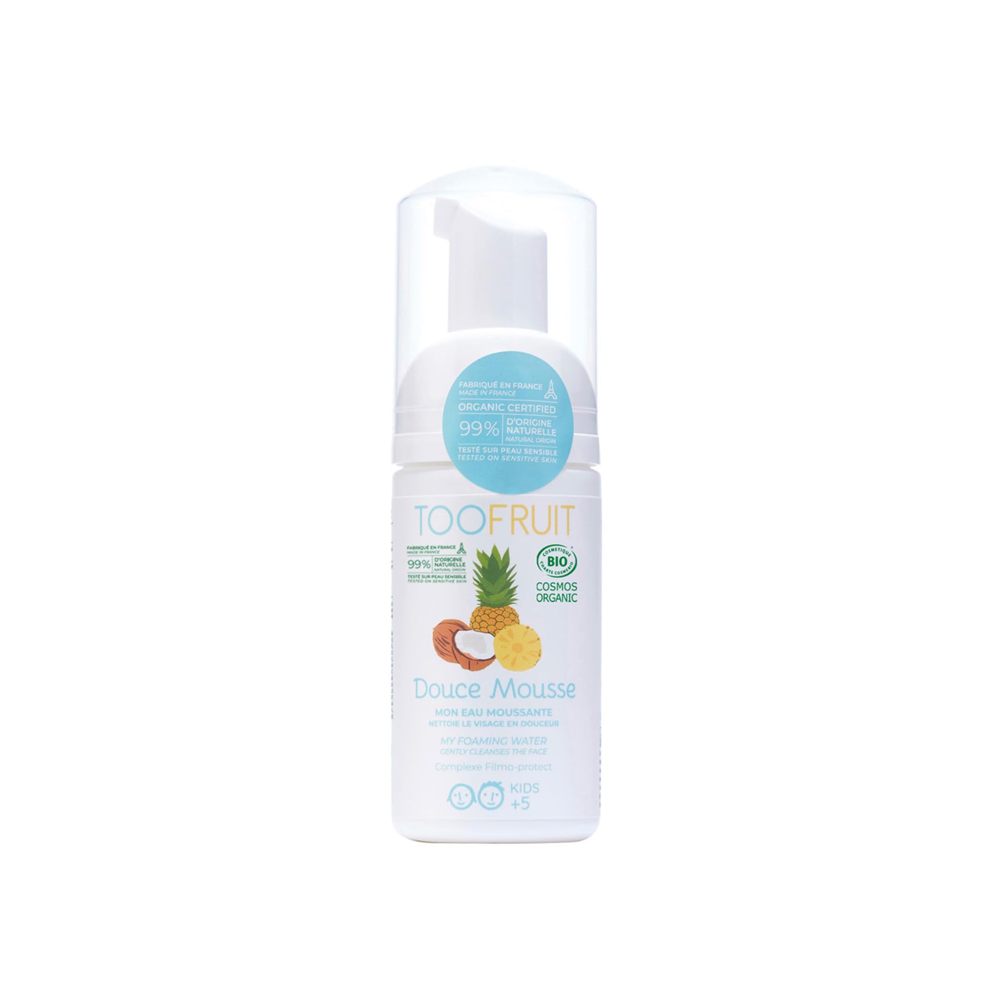 TOOFRUIT Reinigungsschaum Ananas-Kokosnuss für Kinder, 100 ml, Sanfte Bio-Seife, Duschgel mit Kokos Ananas Duft, Hautfreundlich, Dermatologisch getestet, Frei von aggressiven Inhaltsstoffen