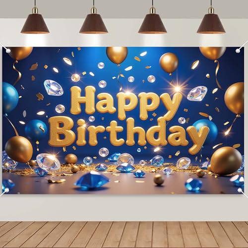 Image of Happy Birthday Backdrop Birthday Party banner | Blue Gold Birthday Banner for Women Boys Girls 71x43.3in Reusable Birthday Background