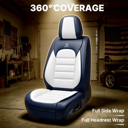 Image of Front Set Car Seat Covers for Jeep Compass 2007-2026, Waterproof Stain-Resistant Seat Cover, Premium Nappa Leather Seat Protectors with Storage Pockets(Standard 2 Seats /Blue&White)