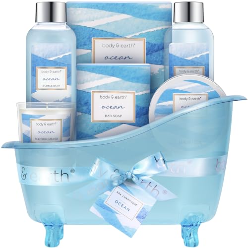 Bath and Body Gift Set for Women, Body & Earth Ocean Gift Basket, 7 Pcs Bath Sets for Women Gift with Bubble Bath, Body Lotion, Scented Candle, Spa Kit for Women, Christmas Gifts for Mom