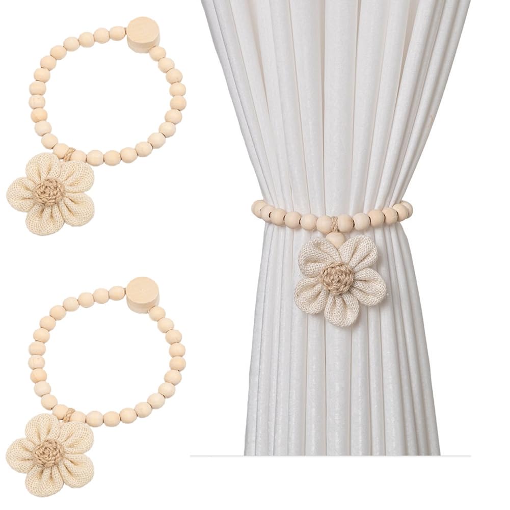 CTRLZS Strong Magnetic Curtain Holdbacks 2 Pcs Beaded Sunflower Curtain Tiebacks Boho Wooden Curtain Tie Backs White