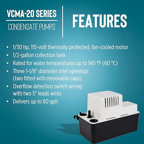 Image of Little Giant VCMA-20ULS 115 Volt, 80 GPH, 1 /30 HP Automatic Condensate Removal Pump for HVAC /Refrigeration Systems /Dehumidifiers with Overflow Detection Switch and 6-Foot Cord, White /Black, 554425