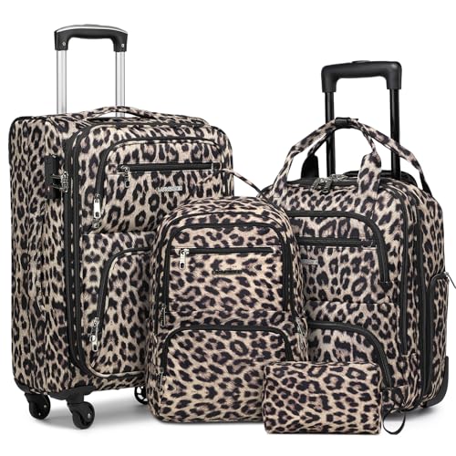 LARVENDER 4 Piece Luggage Set with Spinner Wheels - Expandable Softside Carry On Suitcase 22x14x9 Airline Approved 16 20 Carry On Luggage TSA Lock Leopard Print