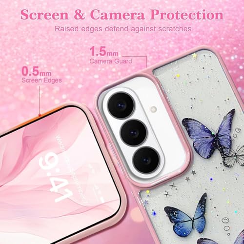 Image of VONZEE for Samsung Galaxy S26 Plus Clear Glitter Butterfly Case, Cute Bling Sparkle Shiny Soft Silicone TPU Bumper Shockproof Women Girls Slim Protective Phone Cover, Pink