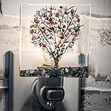 J Devlin Glass Art Stained Glass Tree Night Light – Decorative Plug-in Nightlight with Fused Glass in Purple, Green, and Blue – Elegant Home Décor & Gift
