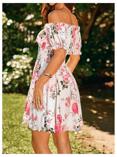 Image of Floerns Women's Floral Print Off Shoulder Ruffle Puff Sleeve Smocked Short Dress