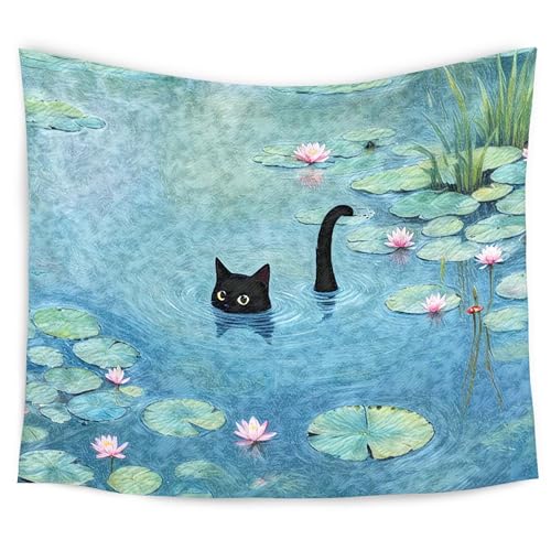 WARDOS Cute Black Cat Art Painting Tapestry, Aesthetic Black Cats Decor, Vintage Cat Tapestry Wall Hanging for Room Bedroom Living, Cats Lovers Lady Mom Grandma Gifts, 50x60 Inch