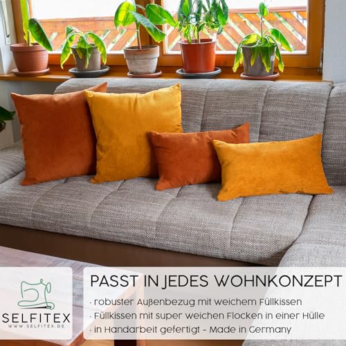 Selfitex 4er Set Cord Sofakissen 2X 30x50 + 2X 50x50, Couchkissen inkl. Füllkissen, samtiger Kissenbezug mit weicher Kissenfüllung, Flauschige Dekokissen für Wohn- & Schlafzimmer (Granada)