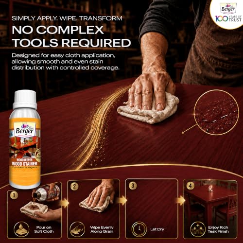 Image of Berger Wood Keeper Rose Wood Wood Stain with Leakproof Bottle & Easy Cloth Application Transparent Solvent-Based Stainer for Home Office Furniture Surfaces Shine and Finish (Pack of 1, 100ML)