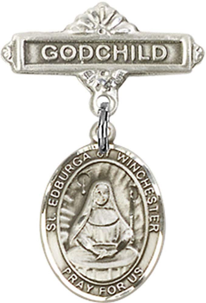 Jewels Obsession Baby Badge with St. Edburga of Winchester Charm and Godchild Badge Pin | Sterling Silver Baby Badge with St. Edburga of Winchester Charm and Godchild Badge Pin - Made In USA