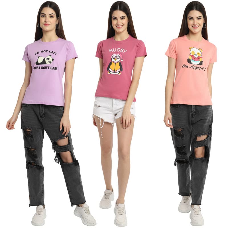 Image of Preneum Women's Cotton Regular Fit Graphic Stylish Printed Short Sleeves Casual T-Shirt || Trendy (Pack 3), Purple & Pink & Pink, XS