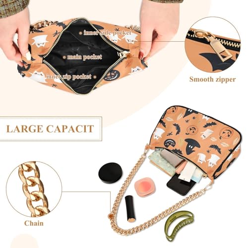 Halloween Pumpkin and Bat Shoulder Bag for Women, Handbag with Chain Strap, Soft Purse Tote Bag for Ladies4