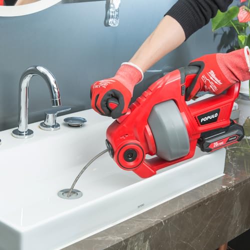 POPULO 20V Cordless Electric Drain Auger-Efficient 25Ft Auto-Feed Drain Snake with Replaceable Cable,2.0Ah Battery,Charger,Storage Bag & Gloves for Kitchen,Bathroom,Shower Pipes (3/4"-2")"