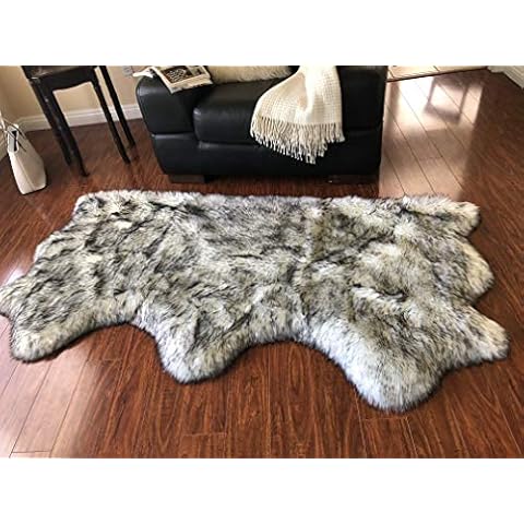 LAMBZY Faux Sheepskin Hypoallergenic Free Shape Silky Shag Rug, Luxury Shaggy Silky Plush Carpet for Bedrooms Rugs Living Room Sofa Floor (Triple Side by Side 3'x6', White with Black Tips) Cover