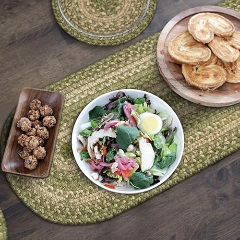 Homespice Grassland Premium Jute Braided Small Table Runner 8" x 28" (Set of 2) Oval Green Reversible, Natural Jute Yarn Rustic, Country, Primitive, Farmhouse Style Kitchen Tabletop Cover