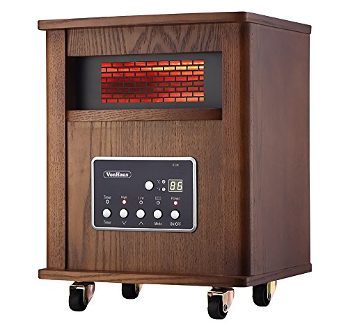 VonHaus 4 Element Infrared Fan Heater with Remote Control, Digital Display & Timer - Wood Electric Portable Indoor Space Heater with Wheels