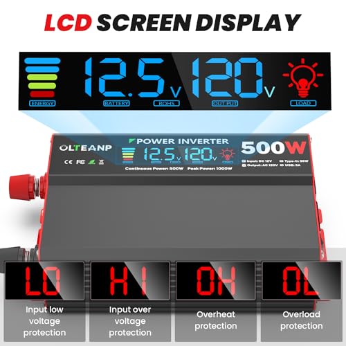 500 Watt Power Inverter 12V DC to 110V/120V AC Inverter with LCD Screen Display, 2 AC Outlets, 36W Type-C Port, 5V/3A USB Port, Car Power Converter for Truck, Home, Vehicles, Laptop, Trip