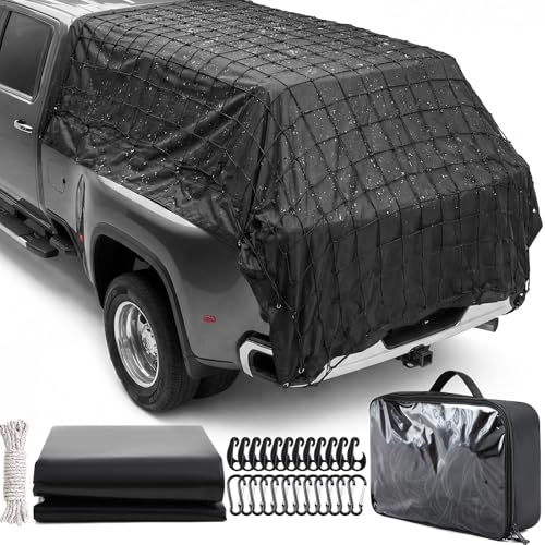 Tranqun Cargo Net for Pickup Truck Bed, XXL 6' x 10' Waterproof Truck Bed Tarp Cover & 4' x 6' Stretches to 8' x 12' Net Kit, Complete Cargo Securing Set with D-Rings, Hooks & Rope