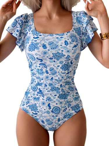 Image of Eomenie Women's Tummy Control One Piece Swimsuit Ruffle Square Neck Bathing Suit Ruched Cutout Back Slimming Swimwear Blue Floral