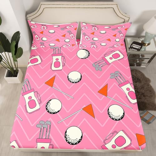 Cartoon Golf Fitted Sheet Full Size Sports Equipment Bedding Set 3Pcs(No Flat Sheet) Golf Balls Gaming Bed Sheet for Boys Girls Teens Room Decor Pink Red White Deep Pocket Sheet