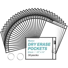 SUNEE 30 Packs Oversized Reusable Dry Erase Pocket Sleeves with 2 Rings, Black 10x14 Ticket Holders, Clear Plastic Sheet Protectors, Teacher School Classroom Supplies