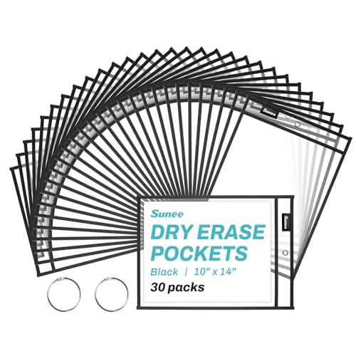 SUNEE 30 Packs Oversized Reusable Dry Erase Pocket Sleeves with 2 Rings, Black 10x14 Ticket Holders, Clear Plastic Sheet Protectors, Teacher School Classroom Supplies by SUNEE - Used condition - US$18.26