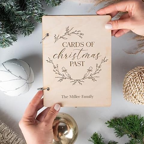 Personalized Christmas Card Holder, Custom Wooden Cards of Christmas Past Album, Holiday Greeting Cards Organizer, 8x6 Inches, 3 Finishes, CNC Engraved with Family Name Cover