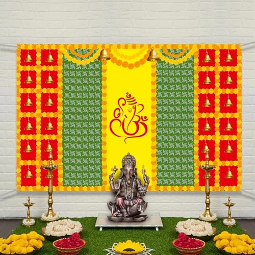 Image of Banana Leaf Decorative Backdrop Cloth for Wedding, Mehndi and Festivals. It's Perfect for Wedding, Party, Newborn Celebration, Haldi, Mehndi and All Other Festive Occasion.(8*5) ft (Design 16)