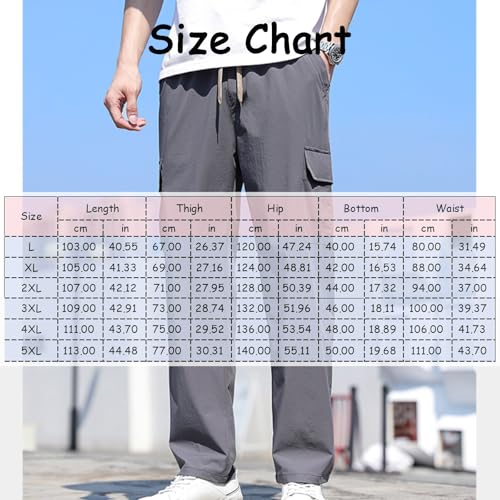Men's Cargo Pants Summer Thin Loose Straight Elastic Waist Drawstring Quick Dry Casual Trousers with Pockets4