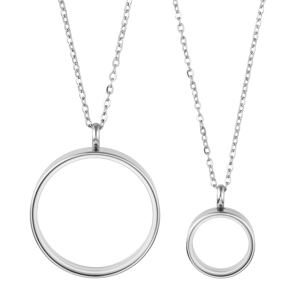 Set of 2 Necklace with Round Locket Pendant Stainless Steel Double-Sided Frame Memory Locket for Storing Wedding Photos Stone Jewellery